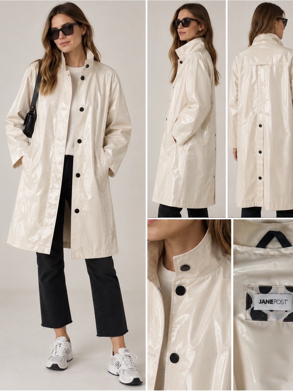Jane Post Ivory Patent Glossy Raincoat Trench Coat